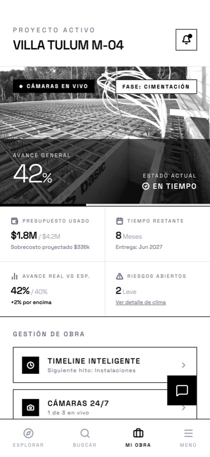 Pantalla Mi Obra de VISTA Obra: avance real contra esperado, presupuesto y riesgos